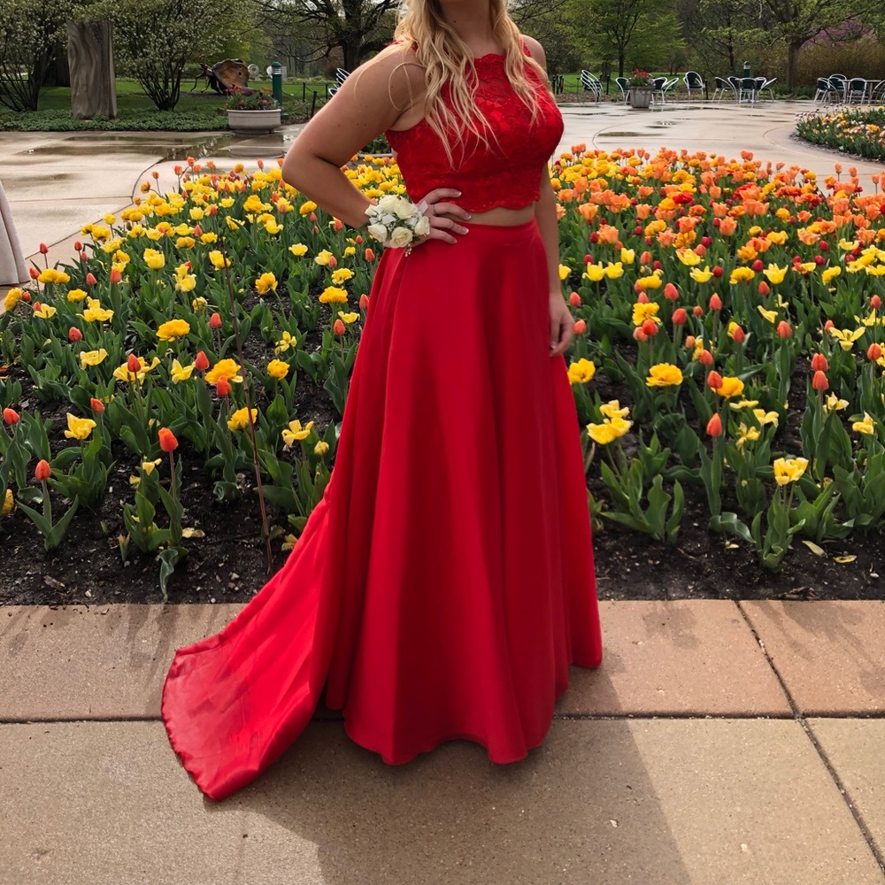 Red two-piece prom dress
